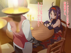 Rule 34 | 1boy, 1girl, ahoge, bare shoulders, blurry, blurry foreground, breasts, candle, chair, closed mouth, crossed arms, fingerless gloves, gloves, hairband, indoors, looking at viewer, medium breasts, purple gloves, purple hair, red eyes, red hairband, sitting, smile, sword art online, table, translation request, vogel schwein, yuuki (sao)