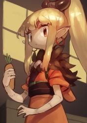 Rule 34 | 1girl, absurdres, black sash, blonde hair, carrot, closed mouth, earrings, food, from side, highres, holding, holding food, holding vegetable, hoop earrings, iga (okame nin), japanese clothes, jewelry, kimono, long hair, looking at another, looking at viewer, obi, okame nin, orange kimono, original, pointy ears, ponytail, sash, scar, short sleeves, solo, upper body, vegetable, wide face, yellow eyes