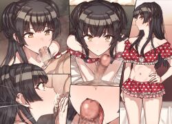 Rule 34 | 1boy, 1girl, bed, bikini, black hair, breasts, censored, cleavage, cum, cum in mouth, cum overflow, deepthroat, ejaculation, erere, fellatio, floor, frilled bikini, frills, hetero, idolmaster, idolmaster shiny colors, kneeling, looking at another, looking at viewer, mayuzumi fuyuko, medium breasts, mosaic censoring, multiple views, navel, oral, penis, red bikini, solo focus, standing, straight hair, surprised, swimsuit, tongue, tongue out, two side up, wide-eyed, yellow eyes
