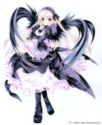 Rule 34 | 00s, 1girl, black wings, dress, frilled sleeves, frills, full body, goth fashion, gothic lolita, hairband, lolita fashion, lolita hairband, long hair, long sleeves, looking at viewer, moo (umineko), original, puffy sleeves, red eyes, rozen maiden, simple background, skirt hold, solo, suigintou, white hair, wings