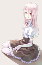 Rule 34 | 1girl, blush, elbow gloves, female focus, full body, gloves, long hair, looking at viewer, original, pale skin, pantyhose, parsley-f, pink eyes, pink hair, seiza, shadow, simple background, sitting, skirt, smile, solo, white pantyhose