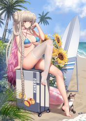 Rule 34 | 1girl, ahoge, animal, animal print, arm support, ass, azur lane, bare arms, bare shoulders, beach, bikini, blue bikini, blue sky, braid, braided bun, breasts, cat, cleavage, cloud, day, double bun, feathered wings, flower, formidable (azur lane), formidable (the lady of the beach) (azur lane), hair bun, hair rings, hand up, haneru, highres, innertube, knee up, large breasts, long hair, looking at viewer, luggage, manjuu (azur lane), multi-strapped bikini top, official alternate costume, outdoors, palm tree, plant, rolling suitcase, single thighhigh, sitting, sky, solo, suitcase, sunflower, surfboard, swim ring, swimsuit, thighhighs, thighs, toeless legwear, tree, twin braids, very long hair, water, white thighhighs, wings