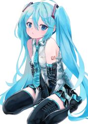 Rule 34 | 1girl, :&lt;, ahoge, bare shoulders, black footwear, black ribbon, black skirt, black sleeves, blue eyes, blue footwear, blue hair, blue necktie, blush, boots, breasts, closed mouth, collared shirt, detached sleeves, flipped hair, full body, grey shirt, hair between eyes, hair ribbon, hatsune miku, highres, lace, lace-trimmed shirt, lace trim, long hair, looking at viewer, multicolored footwear, necktie, neon trim, number tattoo, pleated skirt, ribbon, shirt, shoulder tattoo, sidelocks, simple background, sitting, skirt, sleeveless, sleeveless shirt, small breasts, solo, straight hair, takepon1123, tattoo, thigh boots, thighhighs, twintails, very long hair, vocaloid, wariza, white background, zettai ryouiki