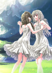 Rule 34 | 2girls, ass, braid, breasts, commentary request, copyright name, dancing, day, dress, english text, eyelashes, fleur-de-lis, frilled skirt, frills, grass, grey eyes, hair over shoulder, holding hands, hand up, highres, lake, legs, lens flare, long hair, looking at another, matsumoto tomoki, meadow, mountain, multiple girls, official art, outdoors, red eyes, scrunchie, seifuku no vampiress lord, shiraougi nanase, skirt, small breasts, smile, spaghetti strap, sundress, sunlight, twintails, white dress, white hair, wind, yuri, yuunagi irie
