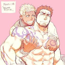 Rule 34 | 2boys, abs, arm tattoo, bad id, bad twitter id, bara, black hair, blonde hair, blush, chest tattoo, facial hair, facial tattoo, grabbing, green eyes, grin, groping, gyee, highres, large pectorals, male focus, multiple boys, muscular, pectoral grab, pectorals, priapus, priapus a. tarou, short hair, sketch, smile, spiked hair, stubble, tattoo, topless male, translation request, upper body, white background, yakisoba ohmori, yaoi, zeus (priapus)