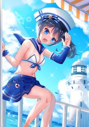 Rule 34 | 1girl, :d, absurdres, bare shoulders, bikini, black hair, blue choker, blue eyes, blue skirt, breasts, choker, cleavage, cloud, day, detached sleeves, frills, front-tie bikini top, front-tie top, hair ornament, hat, highres, lighthouse, long hair, looking at viewer, medium breasts, miniskirt, navel, open mouth, original, outdoors, pleated skirt, sailor bikini, sailor collar, sailor hat, scrunchie, side ponytail, single sleeve, sitting, skirt, smile, solo, stomach, sunlight, swimsuit, thighs, tsukimiya sara, white hat, wrist scrunchie, x hair ornament