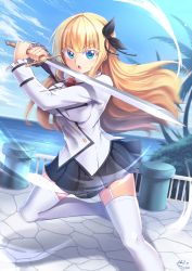 Rule 34 | 10s, 1girl, black bow, black skirt, blonde hair, blue eyes, blue sky, blunt bangs, bow, bowtie, day, floating hair, frilled sleeves, frills, garter straps, hair bow, highres, holding, holding sword, holding weapon, juliet persia, kishuku gakkou no juliet, leg up, long hair, long sleeves, miniskirt, mystic-san, ocean, open mouth, outdoors, palm tree, pleated skirt, red bow, signature, skirt, sky, solo, striped bow, striped bowtie, striped clothes, striped neckwear, sword, thighhighs, tree, v-shaped eyebrows, very long hair, vest, weapon, white thighhighs, white vest, zettai ryouiki