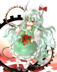 Rule 34 | 1girl, bad id, bad pixiv id, blush, breasts, cleavage, dress, ex-keine, female focus, gradient hair, hand on own hip, highres, horn ornament, horn ribbon, horns, kamishirasawa keine, kikuichi monji, kikuichimonji, long hair, looking at viewer, multicolored hair, open mouth, puffy sleeves, red eyes, ribbon, shoes, socks, solo, tail, touhou, very long hair