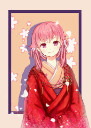Rule 34 | 1girl, 90lilin, blush, coat, dated, floral print, gasai yuno, hair ornament, hair rings, highres, japanese clothes, kimono, looking at viewer, mirai nikki, overcoat, own hands together, pink eyes, pink hair, simple background, smile, solo