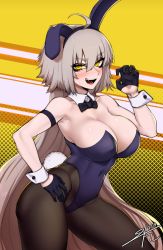 Rule 34 | 1girl, :d, ahoge, animal ears, armband, bare shoulders, black pantyhose, blush, bow, bowtie, breasts, cleavage, contrapposto, covered navel, cowboy shot, dated, detached collar, fake animal ears, fate/grand order, fate (series), gloves, hair between eyes, hairband, half gloves, halftone, halftone background, hand on own hip, j.k., jeanne d&#039;arc (fate), jeanne d&#039;arc alter (avenger) (fate), jeanne d&#039;arc alter (fate), large breasts, leotard, light brown hair, long hair, open mouth, pantyhose, playboy bunny, purple gloves, rabbit ears, rabbit tail, smile, solo, sweatdrop, tail, very long hair, wrist cuffs, yellow eyes