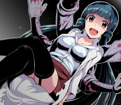 Rule 34 | 1girl, blood, blood splatter, blue hair, blush, breasts, brown eyes, dan (orange train), extra arms, idolmaster, idolmaster million live!, kitakami reika, lab coat, long hair, looking at viewer, medium breasts, open mouth, shaded face, smile, solo, twintails