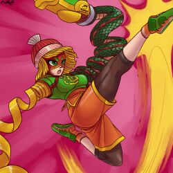 Rule 34 | 1girl, arms (game), blonde hair, breasts, commentary, domino mask, dragon (arms), english commentary, eyebrows visible through mask, green eyes, kaibootsu, kicking, knit hat, mask, medium breasts, min min (arms), open mouth, orange shorts, ramram (arms), shorts, signature, solo