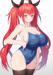 Rule 34 | 1girl, alexmaster, alternate costume, azur lane, bare shoulders, blue one-piece swimsuit, blush, breasts, cleavage, clothes pull, collarbone, covered navel, highleg, highleg swimsuit, honolulu (azur lane), huge breasts, long hair, looking at viewer, mole, mole on breast, one-piece swimsuit, one-piece swimsuit pull, red eyes, red hair, revision, solo, swimsuit, tan, tanline, thighs, twintails