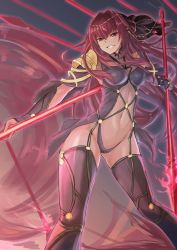 Rule 34 | 1girl, absurdres, armor, black veil, bodysuit, breasts, covered navel, dual wielding, fate/grand order, fate (series), gae bolg (fate), grin, hair between eyes, highres, holding, long hair, medium breasts, mochi chuuyuu, pauldrons, polearm, purple hair, red eyes, scathach (fate), shoulder armor, smile, solo, spear, thighhighs, veil, weapon