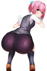 Rule 34 | 10s, 1girl, ass, bike shorts, blouse, blue eyes, boruhis, from behind, gloves, hair ornament, highres, kantai collection, perspective, pink hair, pleated skirt, ponytail, school uniform, shiny clothes, shiranui (kancolle), shirt, short hair, short ponytail, short sleeves, skirt, vest, white gloves, white shirt