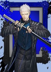Rule 34 | 1boy, black coat, black gloves, black pants, black shirt, blue background, blue eyes, blue vest, closed mouth, coat, cowboy shot, devil may cry (series), devil may cry 5, fingerless gloves, gloves, highres, holding, holding sword, holding weapon, katana, long sleeves, looking at viewer, male focus, ogata tomio, pants, picture frame, scabbard, sheath, sheathed, shirt, short hair, solo, standing, sword, vergil (devil may cry), vest, weapon, white hair