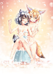 Rule 34 | 10s, 2girls, akashio (loli ace), animal ears, black hair, blonde hair, blush, grabbing another&#039;s breast, breasts, brown eyes, collarbone, commentary request, common raccoon (kemono friends), convenient censoring, fennec (kemono friends), fox ears, fox tail, grabbing, grabbing from behind, hair between eyes, highres, kemono friends, kneeling, knees together feet apart, looking at another, medium breasts, multicolored hair, multiple girls, navel, nude, raccoon ears, raccoon tail, short hair, silver hair, sitting, smile, soap bubbles, soap censor, tail, two-tone hair, wavy mouth, wet, yuri