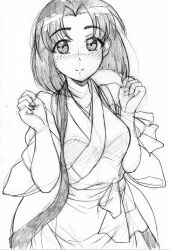 Rule 34 | 1girl, blush, breasts, clenched hands, curvy, highres, japanese clothes, large breasts, legs, looking at viewer, monochrome, open clothes, sakura taisen, sega, short hair, smile, solo, takamura tsubaki, thighs, traditional media, wide hips