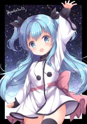 Rule 34 | 1girl, :d, arm up, back bow, black ribbon, black thighhighs, blue eyes, blue hair, blush, bow, breasts, commentary request, drawstring, dress, hair ribbon, long hair, long sleeves, niwasane (saneatsu03), noel (sora no method), open mouth, pom pom (clothes), red bow, ribbon, sleeves past wrists, small breasts, smile, solo, sora no method, thighhighs, twitter username, two side up, very long hair, white dress