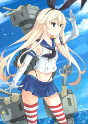 Rule 34 | 1girl, anchor hair ornament, black panties, blonde hair, blue skirt, blue sky, cannon, crop top, day, elbow gloves, flat chest, gloves, green eyes, hair ornament, hairband, highleg, highleg panties, highres, kantai collection, long hair, microskirt, navel, ocean, panties, pleated skirt, rensouhou-chan, sailor collar, shading eyes, shimakaze (kancolle), skirt, sky, smirs, solo focus, striped clothes, striped thighhighs, thighhighs, underwear, white gloves, zettai ryouiki