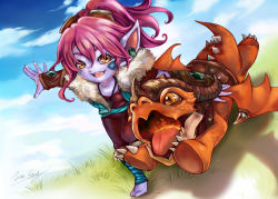 Rule 34 | 1girl, absurdres, alternate costume, alternate hair color, artist name, barefoot, blue skin, blue sky, cloud, colored skin, day, dragon, dragon tamer tristana, dragon trainer tristana, fur trim, grass, highres, jewelry, lan sing, league of legends, necklace, open mouth, outdoors, pointy ears, purple hair, running, signature, sky, tristana, yordle