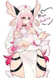 Rule 34 | audino, breasts, choker, clothing cutout, creatures (company), game freak, gen 5 pokemon, hat, heart, heart-shaped pupils, highres, huge breasts, large ears, long hair, mega audino, mega pokemon, multicolored hair, navel, navel cutout, nintendo, nurse cap, off shoulder, pink eyes, pink hair, pokemon, pokemon (creature), smile, symbol-shaped pupils, thick thighs, thighs, togetoge, two-tone hair, underboob, variant set, veil, wide hips