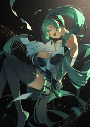 Rule 34 | 1girl, green hair, hatsune miku, highres, holding, holding paper, mele ck, necktie, paper, sheet music, thighhighs, twintails, vocaloid