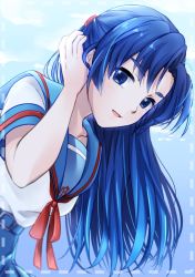 Rule 34 | 1girl, asakura ryouko, asymmetrical bangs, blue eyes, blue hair, blue sailor collar, collarbone, hair ornament, hand in own hair, leaning forward, long hair, nao (doublexdutch), open mouth, parted bangs, red ribbon, ribbon, sailor collar, sailor shirt, school uniform, serafuku, shirt, short sleeves, solo, suzumiya haruhi no yuuutsu, thick eyebrows, upper body, very long hair, white shirt