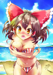 Rule 34 | 1girl, absurdres, ai ai gasa, beach, bent over, bikini, blue footwear, blush, bow, breasts, brown eyes, brown hair, cleavage, cloud, covering breasts, covering privates, crossed arms, day, hair bow, hair tubes, hakurei reimu, highres, lake, large breasts, navel, open bikini, open clothes, open mouth, shoes, side-tie bikini bottom, solo, striped bikini, striped clothes, sweat, swimsuit, touhou, translated, twig, uta (kuroneko), wardrobe malfunction