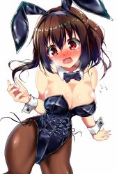 Rule 34 | 10s, 1girl, animal ears, blush, bow, bowtie, breasts, brown hair, cleavage, detached collar, ebina nana, fake animal ears, fingernails, himouto! umaru-chan, large breasts, leotard, long hair, lying, nonohachi, on back, open mouth, pantyhose, playboy bunny, rabbit ears, red eyes, simple background, solo, standing, tears, thighs, twintails, wavy mouth, white background, wrist cuffs