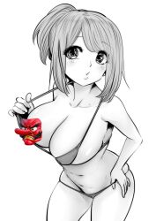 Rule 34 | 1girl, bikini, breasts, censored, cleavage, collarbone, commentary request, eguchi tomoka, emoji, emoji censor, goblin mask, hand on own hip, highres, kou iu no ga ii, large breasts, looking at viewer, monochrome, navel, parted lips, shiny skin, short hair, solo, souryu, standing, swimsuit, thick thighs, thighs, white background