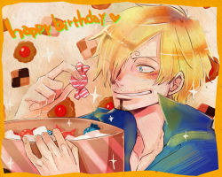 Rule 34 | 1boy, birthday, blonde hair, blue eyes, bowl, candy, checkerboard cookie, cookie, facial hair, food, goatee, hair over one eye, male focus, one piece, popped collar, sanji (one piece), smile, solo