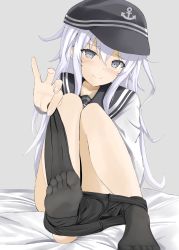 Rule 34 | absurdres, anchor symbol, black pantyhose, clothes pull, disuto, flat cap, grey eyes, hat, hibiki (kancolle), highres, kantai collection, looking at viewer, pantyhose, pantyhose pull, school uniform, serafuku, simple background, smile, white hair