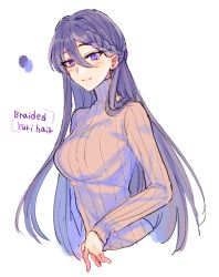 Rule 34 | 1girl, alternate hairstyle, beige sweater, braid, breasts, casual, commentary, cropped torso, doki doki literature club, english text, hair between eyes, hair ornament, hairclip, large breasts, long hair, long sleeves, looking at viewer, purple eyes, purple hair, ribbed sweater, simple background, smile, solo, sora (efr), sweater, turtleneck, turtleneck sweater, upper body, very long hair, white background, yuri (doki doki literature club)