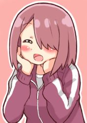 Rule 34 | 1girl, blush, brown hair, commentary request, closed eyes, hair over one eye, hands on own face, happy, hoshino miyako (wataten), jacket, long sleeves, looking at viewer, mitsukiro, open mouth, outline, red background, red jacket, shirt, short hair, simple background, smile, solo, track jacket, upper body, watashi ni tenshi ga maiorita!, white outline, white shirt