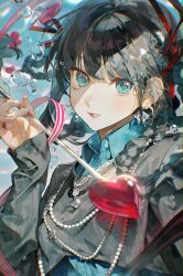 Rule 34 | 1girl, absurdres, air bubble, aqua collar, aqua eyes, arrow (projectile), black hair, black shirt, blurry, blurry background, braid, bubble, collared shirt, copyright request, earrings, fingernails, gem, heart, heart-shaped pupils, heart arrow, heart earrings, heart in eye, heart necklace, highres, holding, holding arrow, jewelry, liquid hair, long fingernails, long hair, long sleeves, looking at viewer, multicolored nails, nail polish, necklace, pearl necklace, pink nails, red gemstone, ribbon, shirt, single braid, solo, striped ribbon, suzumi (ccroquette), symbol-shaped pupils, symbol in eye, water, white nails