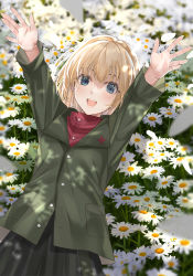 Rule 34 | 1girl, arms up, black skirt, blue eyes, blurry, blurry background, bob cut, commentary, daisy, dappled sunlight, depth of field, fang, field, flower, flower field, from above, girls und panzer, green jacket, highres, insignia, jacket, katyusha (girls und panzer), long sleeves, looking at viewer, lying, mexif, miniskirt, on back, open mouth, pleated skirt, pravda school uniform, red shirt, school uniform, shirt, short hair, skirt, smile, solo, sunlight, turtleneck