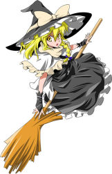 Rule 34 | 1girl, blonde hair, bow, braid, broom, broom riding, capelet, female focus, futoshi (fishhouse), hair bow, hat, kirisame marisa, sidesaddle, simple background, solo, touhou, white background, witch, witch hat, yellow eyes