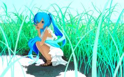 Rule 34 | 1girl, blue eyes, blue hair, dress, grass, hair ribbon, hatsune miku, highres, iki (kusaikire), long hair, looking at viewer, matching hair/eyes, nature, outdoors, ribbon, sandals, scenery, smile, solo, squatting, sundress, thighs, twintails, very long hair, vocaloid, white dress