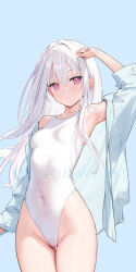 Rule 34 | 1girl, absurdres, arm up, armpits, artist name, bare shoulders, blue background, blush, breasts, buttons, collarbone, covered navel, expressionless, highleg, highleg swimsuit, highres, long hair, mignon, off shoulder, open clothes, open shirt, original, purple eyes, shiro-chan (mignon), shirt, simple background, small breasts, swimsuit, white hair, white swimsuit