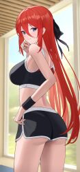 Rule 34 | 1girl, ass, black bow, black shorts, black sports bra, blue eyes, bow, closed mouth, commission, from behind, hair between eyes, hair bow, highres, long hair, looking at viewer, looking back, marina (specktech), midriff, original, red hair, second-party source, shorts, skeb commission, smile, solo, sports bra, teruru (teruru0321), workout clothes