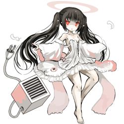 Rule 34 | 1girl, air conditioner, black hair, dress, feathers, halo, red eyes, white background, white dress, yomitim
