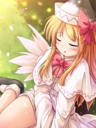Rule 34 | 1girl, blonde hair, blush, bow, capelet, dress, closed eyes, female focus, hat, lily white, long hair, lzh, open mouth, sitting, socks, solo, touhou, tree, v arms, white dress, white socks, wings