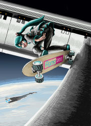 Rule 34 | 1girl, 2001 a space odyssey, aircraft, airplane, blue eyes, bomber, canards, epic, experimental aircraft, figma, green hair, hatsune miku, jet, logo, military, military vehicle, north american aviation, pan american world airways, parody, prototype design, rxjx, skateboard, space station, strategic bomber, supersonic aircraft, twintails, vocaloid, xb-70, xb-70 valkyrie