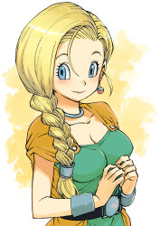 Rule 34 | 1girl, belt, bianca (dq5), blonde hair, blue eyes, blush, bracelet, breasts, cape, choker, cleavage, collarbone, dragon quest, dragon quest v, dress, earrings, green dress, highres, jewelry, large breasts, long hair, looking at viewer, muramasa mikado, orange cape, side ponytail, smile, solo, upper body