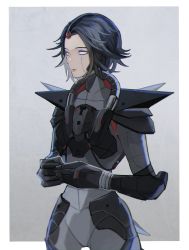 Rule 34 | animification, apex legends, black gloves, black hair, bodysuit, border, cable, dark matter horizon, elbow pads, expressionless, forehead, gloves, grey background, grey bodysuit, highres, horizon (apex legends), looking ahead, no pupils, science fiction, short hair, stack (sack b7), upper body, white border, white eyes