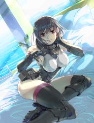 Rule 34 | 1girl, absurdres, ass, bed, black eyes, black footwear, black gloves, black hair, boots, breasts, elbow gloves, fantasia re:build, full metal panic!, gloves, grey leotard, hair behind ear, highres, lens flare, leotard, medium breasts, melissa mao, armored boots, ocean, official art, open hand, pillow, short hair, solo, thigh boots, thighhighs