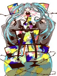 Rule 34 | 1girl, aqua hair, bad id, bad pixiv id, hatsune miku, long hair, mam233, necktie, outstretched arms, pink eyes, skirt, smile, solo, spread arms, tell your world (vocaloid), thighhighs, twintails, very long hair, vocaloid