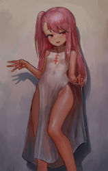 Rule 34 | 1girl, bad id, bad pixiv id, bare arms, bare legs, bare shoulders, breasts, china dress, chinese clothes, chloe von einzbern, clothes lift, commentary request, covered navel, dark-skinned female, dark skin, dress, dress lift, eyelashes, fate/kaleid liner prisma illya, fate (series), female focus, highres, long hair, looking at viewer, masila, no panties, open mouth, orange eyes, pelvic curtain, pink hair, side ponytail, sleeveless, sleeveless dress, small breasts, solo, standing, white dress
