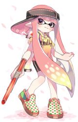 Rule 34 | 1girl, backwards hat, bad id, bad twitter id, bike shorts, black hat, black shorts, blunt bangs, cherry blossoms, child, closed mouth, commentary, full body, hat, holding, holding weapon, ink tank (splatoon), inkling, inkling (language), inkling girl, inkling player character, long hair, looking at viewer, maco spl, multicolored polka dots, n-zap (splatoon), nintendo, pink eyes, pink hair, pointy ears, polka dot, polka dot footwear, shirt, shoes, short sleeves, shorts, single vertical stripe, smile, solo, splatoon (series), splatoon 1, splatoon 2, standing, standing on one leg, t-shirt, tentacle hair, very long hair, visor cap, weapon, white background, yellow shirt